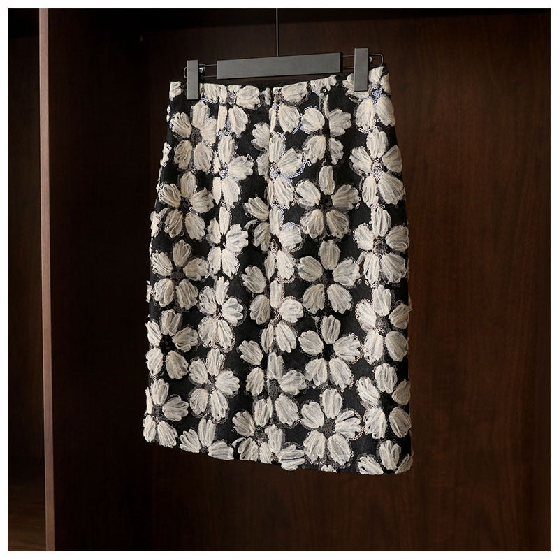 Mesh lace flower sequin skirt, elegant temperament skirt 3642