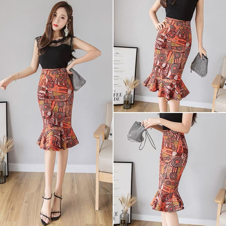 Vintage, new style, sexy fashion, large size high waist skirt, printed fish tail stretch skirt 3533