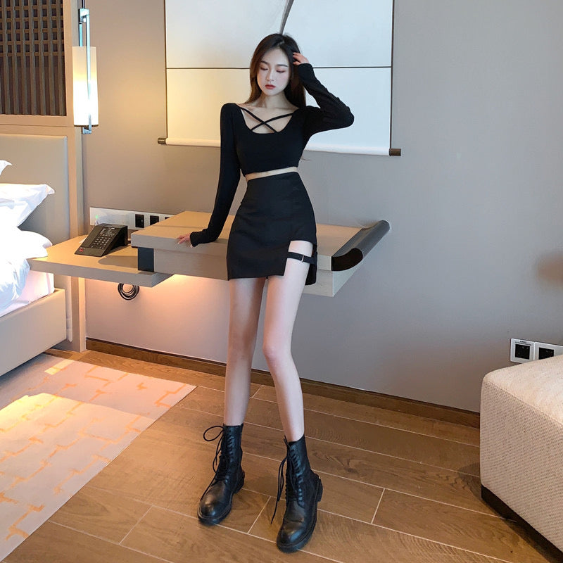 Irregular skirt, spring/summer, new style, high-waisted skirt, black bodycon skirt 3650