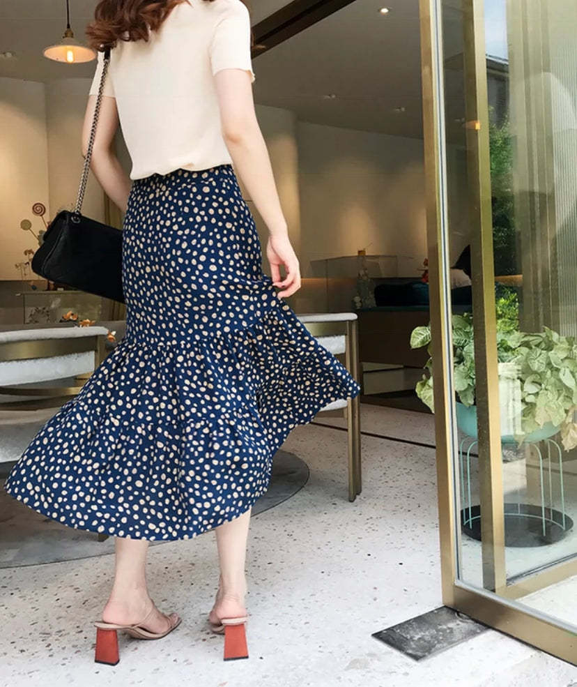 Jupe sirène taille haute à imprimé romantique et à pois irréguliers 3639