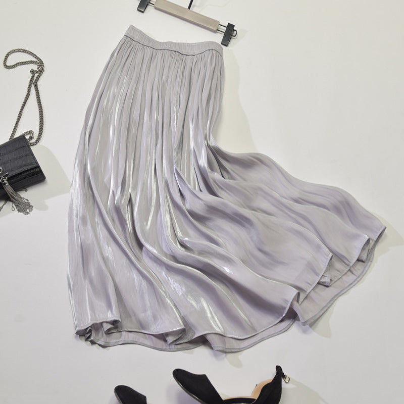 Jupe mi-longue en soie ammoniaque cuivrée lumineuse, jupe soyeuse brillante à plis nacrés, jupe midi trapèze 3591