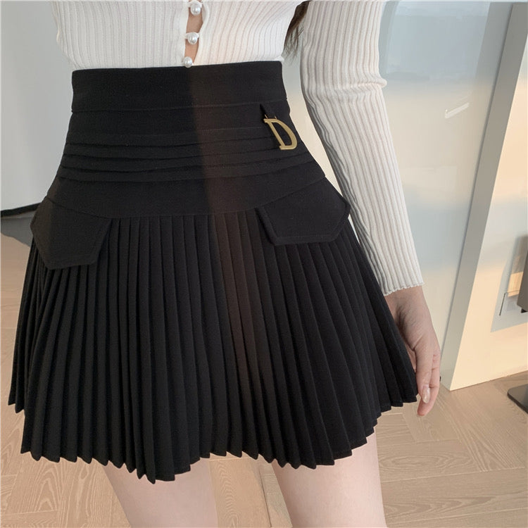 Black/white pleated skirt, summer, new style, high-waisted mini skirt 3655