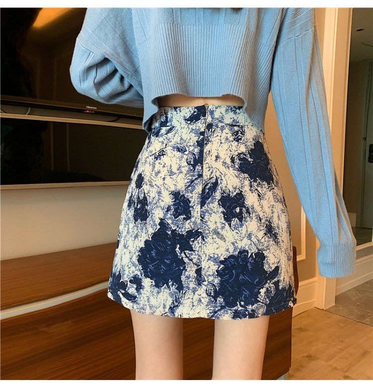 Jupe de peinture à l'huile, nouveau style, taille haute, jupe courte, jupe fesse, jupe trapèze fendue 3558