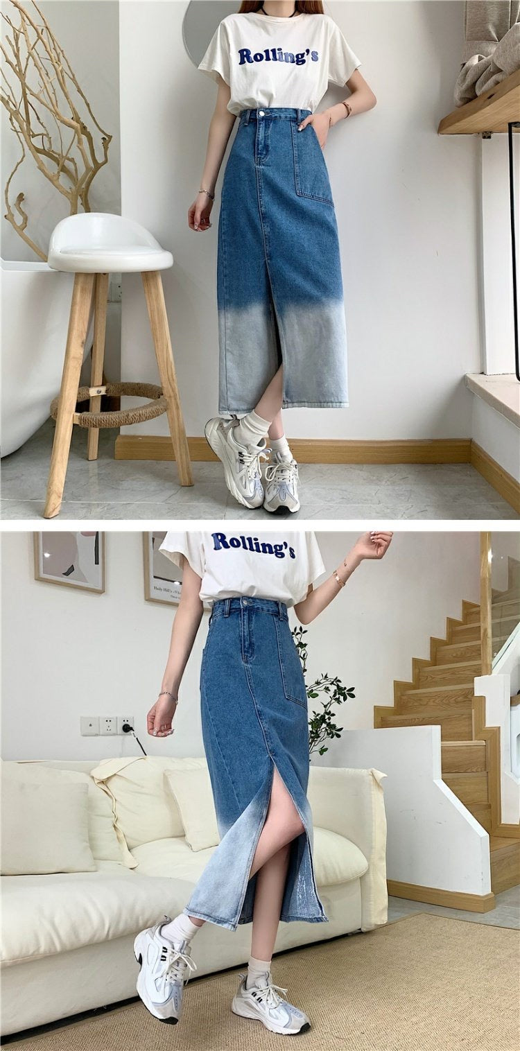Irregular gradient denim skirt, high waist slit medium long skirt 3549