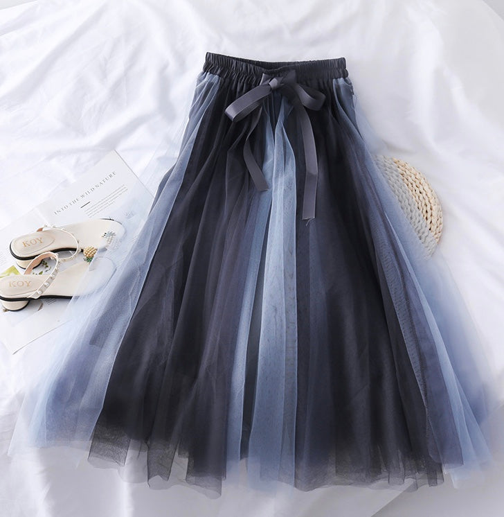 Super fairy, bow tie, high waist slim mesh bouffant skirt, color matching medium length skirt 3601