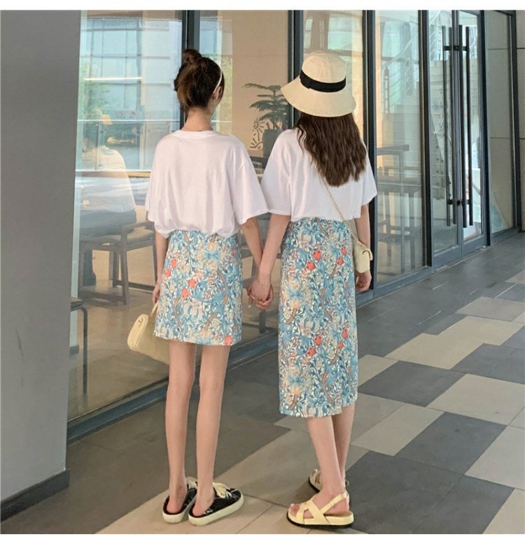 Jupe à fleurs cassées peinte à l'huile, été, jupe moulante fine, jupe midi taille haute 3555