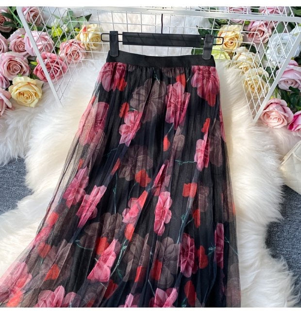 Jupe imprimée mode, jupe en gaze à taille élastique, nouveau style, jupe plissée taille haute, jupe trapèze jupe mi-longue 3523