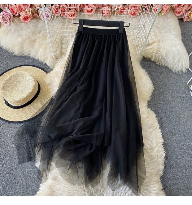 Elastic waist irregular mesh skirt, high waist medium long A-line skirt, fairy skirt shaggy skirt 3525