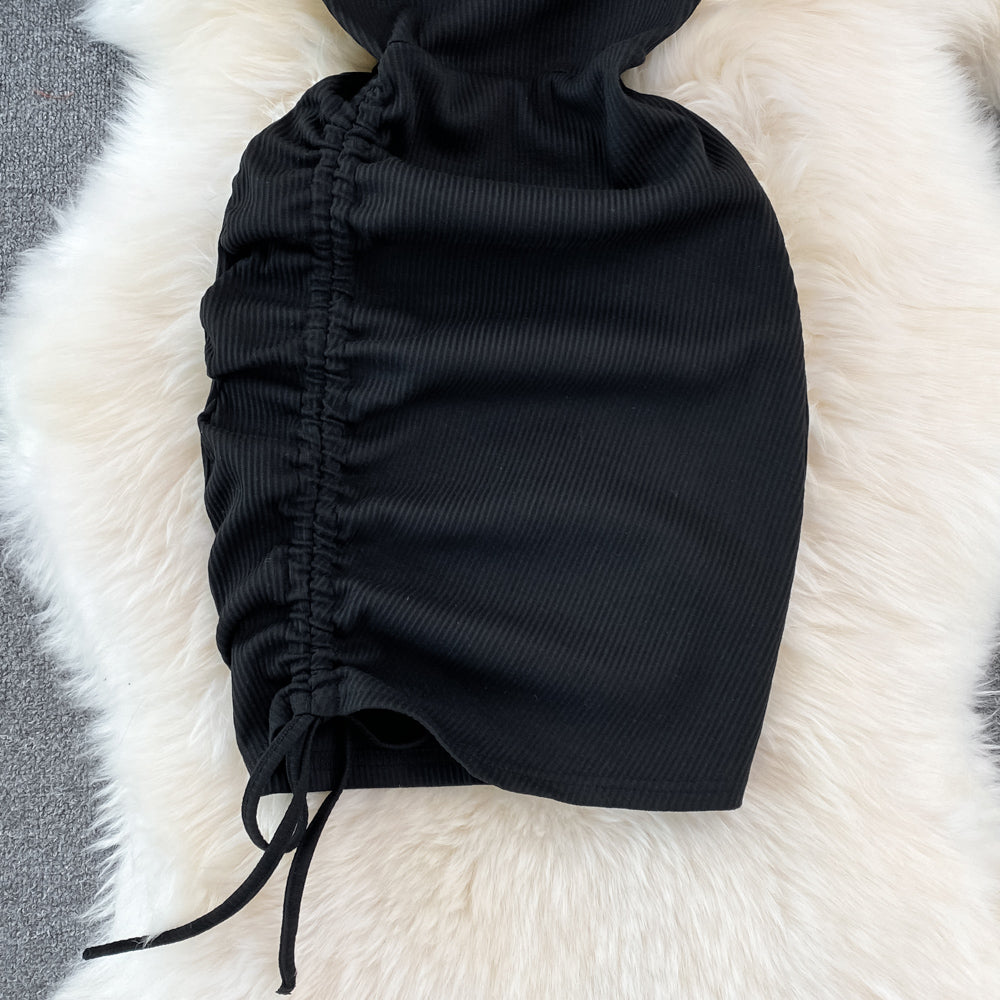 Spice Girl Rundhalsausschnitt Brust ausgehöhlt elastischer enger Kordelzug kurzes Hüftwickelkleid 10970