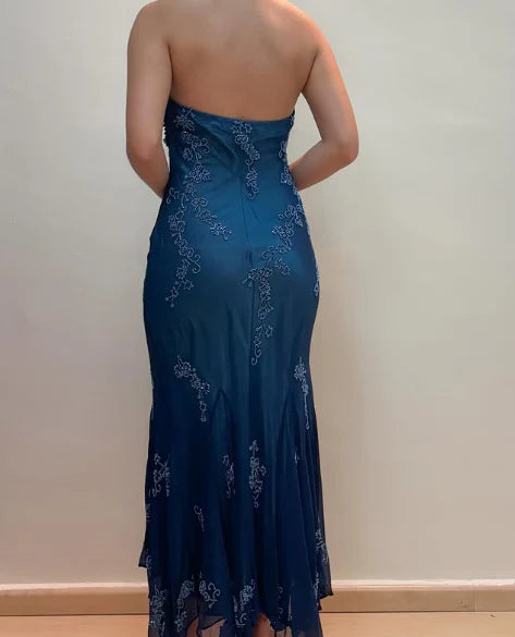 Dark Blue Fairy Mermaid Beaded Long Chiffon Formal Prom Evening Dress Wedding Guest Party Gown Dress Greek Halter Neck gh3617b
