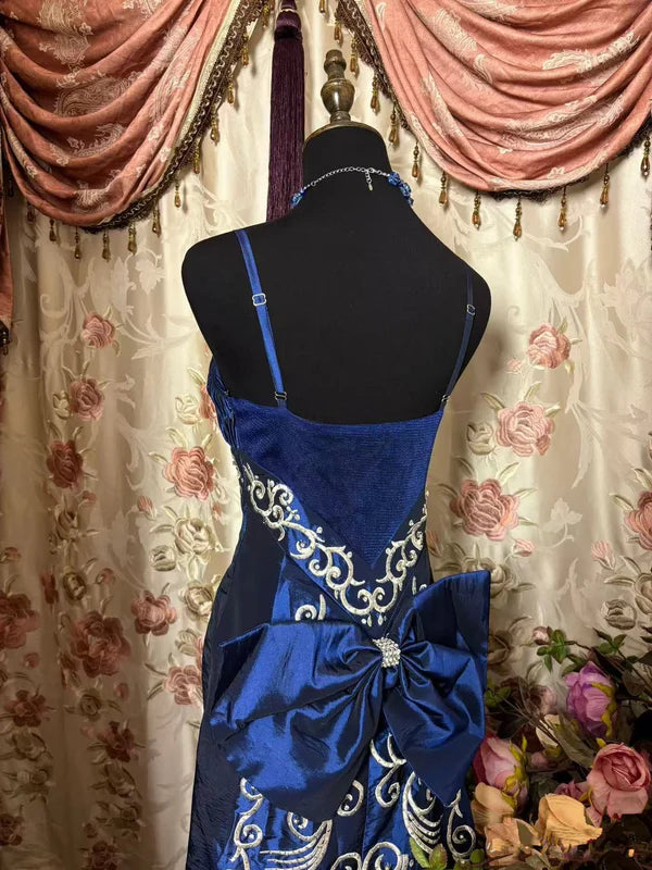 Royal Blue Satin Embroidery Mermaid Dress: Heavy Silver Thread Pattern, Back Large Bow, Banquet Centerpiece Gown gh6586