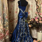 Royal Blue Satin Embroidery Mermaid Dress: Heavy Silver Thread Pattern, Back Large Bow, Banquet Centerpiece Gown gh6586