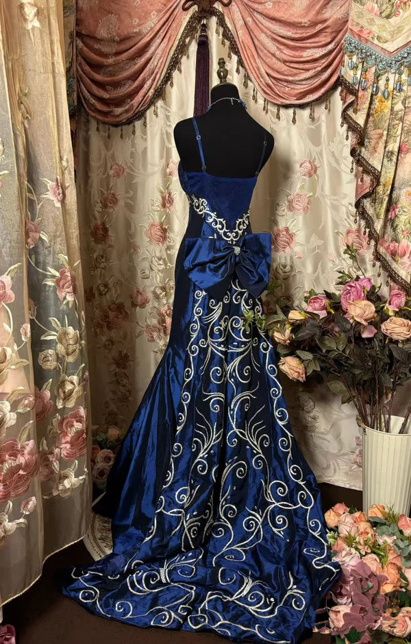 Royal Blue Satin Embroidery Mermaid Dress: Heavy Silver Thread Pattern, Back Large Bow, Banquet Centerpiece Gown gh6586