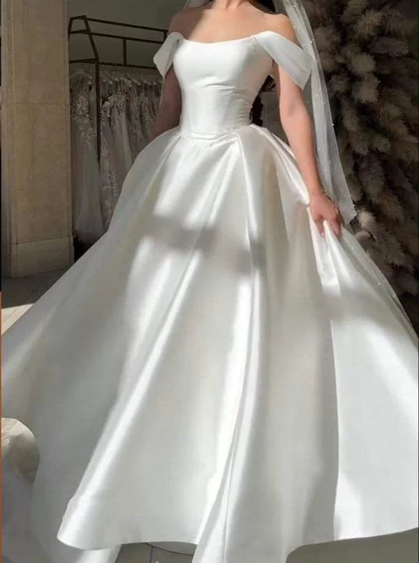 Girlhomeshops - Robe de bal de mariage longue en satin blanc, épaules dénudées, longueur au sol, gh5392