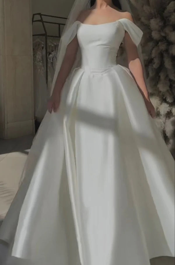 Girlhomeshops - Robe de bal de mariage longue en satin blanc, épaules dénudées, longueur au sol, gh5392