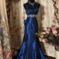 Royal Blue Satin Embroidery Mermaid Dress: Heavy Silver Thread Pattern, Back Large Bow, Banquet Centerpiece Gown gh6586
