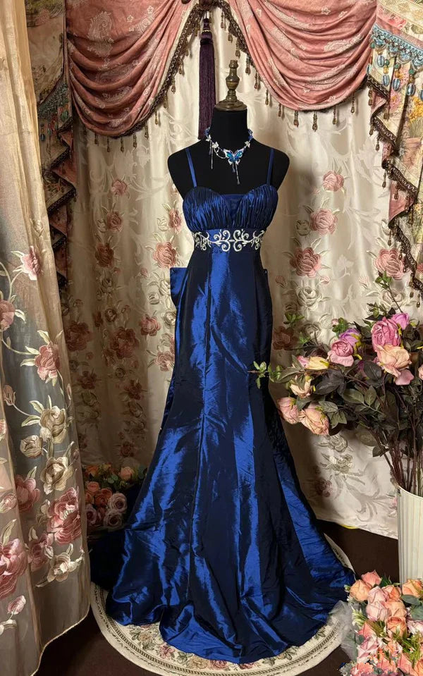 Royal Blue Satin Embroidery Mermaid Dress: Heavy Silver Thread Pattern, Back Large Bow, Banquet Centerpiece Gown gh6586