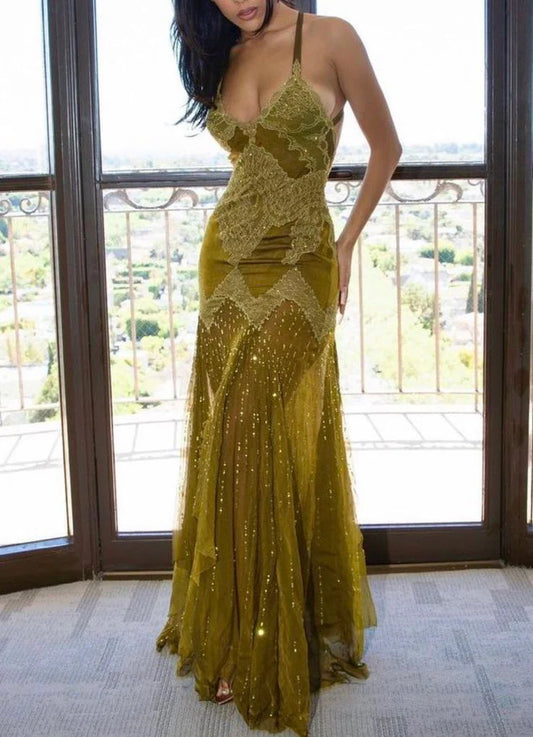 Green beaded sexy mermaid spaghetti straps long lace ball gown evening dress gh2995