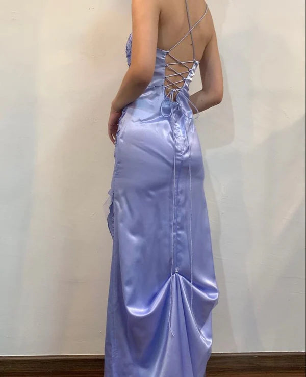 Purple Fashion Exquisite Floral Beading Elegant Spaghetti Strap Long Satin Ball Gown Evening Dress Party Dress Prom Dress gh3783