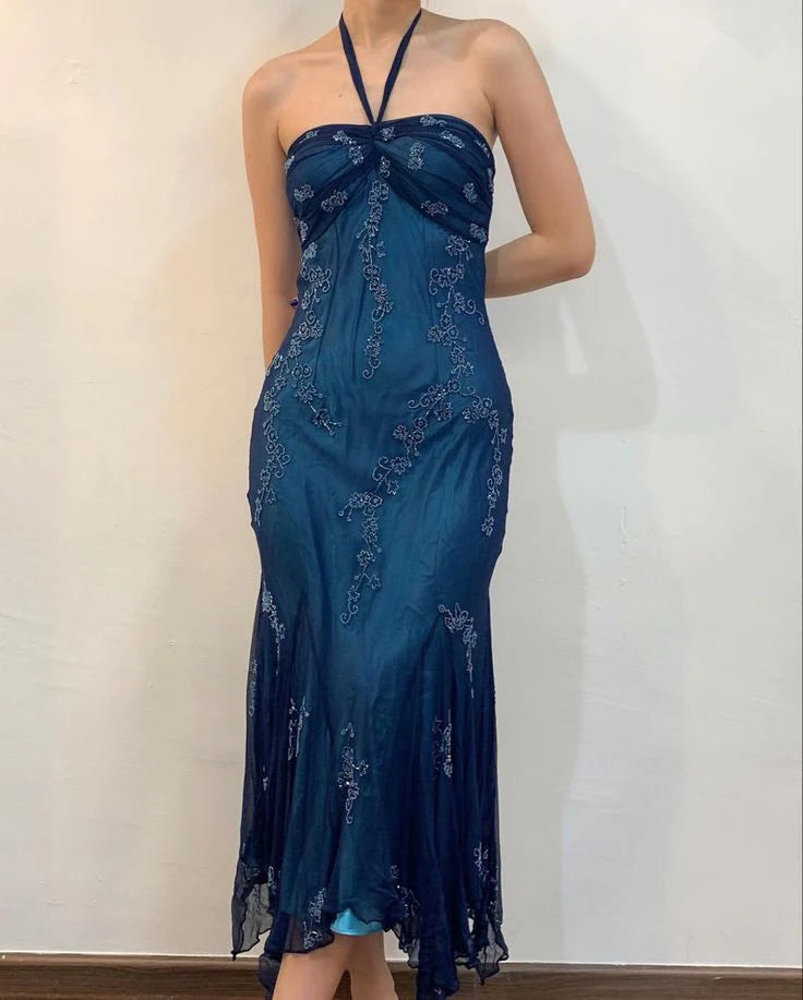 Dark Blue Fairy Mermaid Beaded Long Chiffon Formal Prom Evening Dress Wedding Guest Party Gown Dress Greek Halter Neck gh3617b