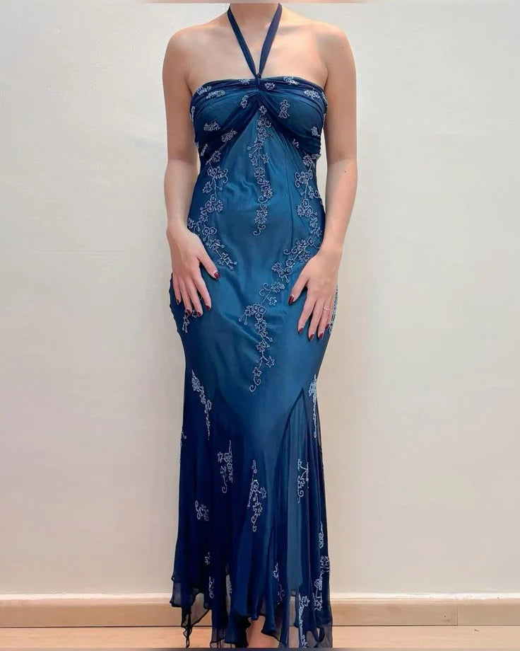 Dark Blue Fairy Mermaid Beaded Long Chiffon Formal Prom Evening Dress Wedding Guest Party Gown Dress Greek Halter Neck gh3617b