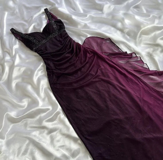 Purple shiny fashion gradient suspenders long elegant chiffon ruffles ball gown evening dress party dress prom dress gh3392