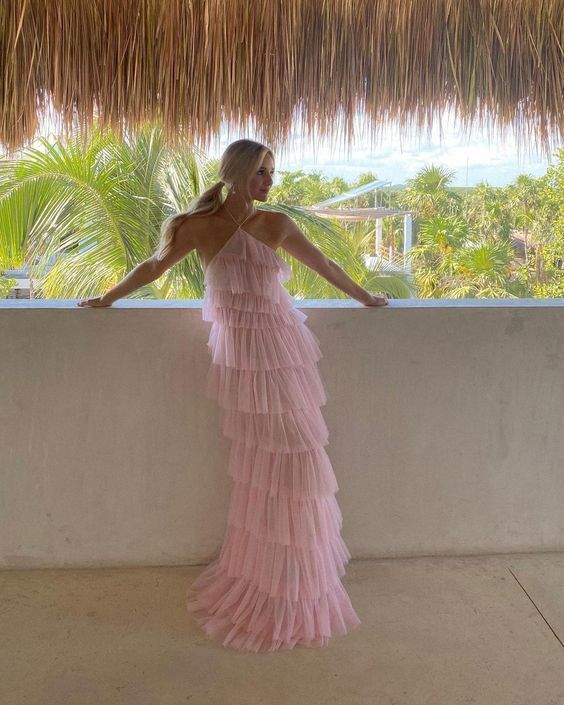 Pink Sweet Backless Long Tulle Ball Gown Evening Dress Party Dress gh3297