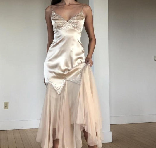 Girlhomeshops-Champagne retro French elegant satin long Prom dress evening dress party dress wedding guest dress gh5159