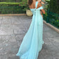 girlhomeshops-Blau Elegantes Langes Chiffon Brautjungfernkleid Hochzeitsgast Partykleid gh5948