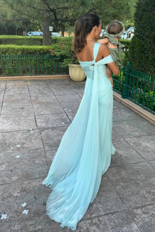 girlhomeshops-Blau Elegantes Langes Chiffon Brautjungfernkleid Hochzeitsgast Partykleid gh5948