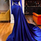 Blaues wunderschönes glänzendes langes Schlitz elegantes bodenlanges Ballkleid Abendkleid Partykleid gh3232