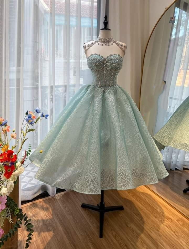 Robe de soirée longue en tulle vert, élégante et perlée, gh4915