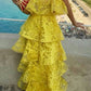 Yellow Unique Elegant Strapless Long Lace Layered Ball Gown Evening Dress gh3065