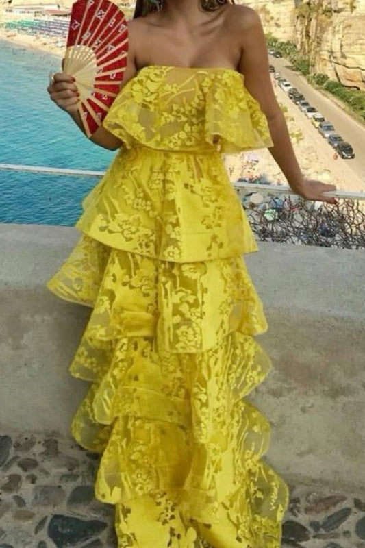 Yellow Unique Elegant Strapless Long Lace Layered Ball Gown Evening Dress gh3065