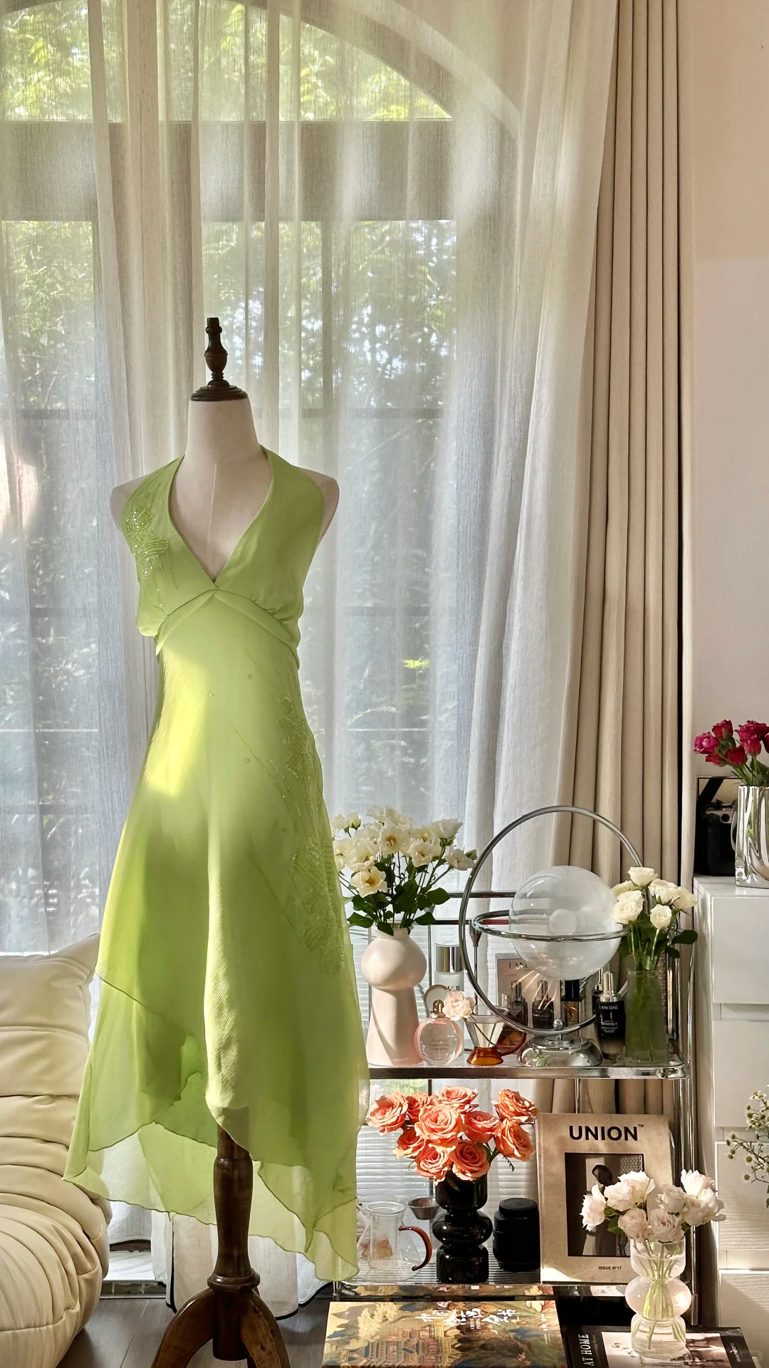 Robe de soirée longue en mousseline de soie, élégante et brillante, vert clair, avec perles exquises, pour anniversaire, mariage, fête, bal, Saint-Valentin, gh4038
