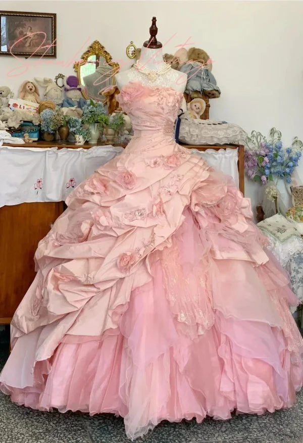 Girlhomeshops - Robe d'anniversaire 16 ans, rose, motif floral, robe longue en tulle, robe de bal, robe de bar-mitsva, gh5636