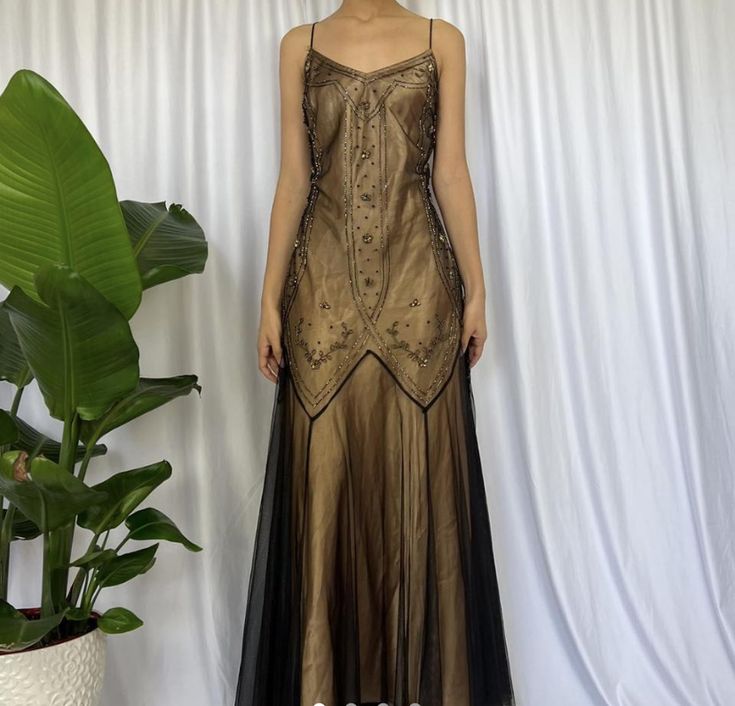 Golden Brown Vintage Fashion Elegant Exquisite Beading Long Chiffon Satin Tulle Ball Gown Evening Dress Party Dress Prom Dress gh3723