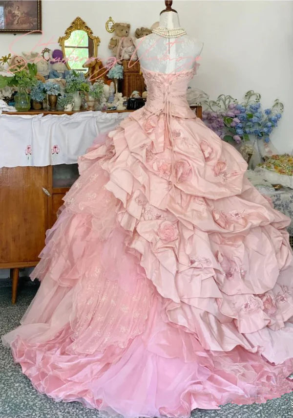 Girlhomeshops - Robe d'anniversaire 16 ans, rose, motif floral, robe longue en tulle, robe de bal, robe de bar-mitsva, gh5636