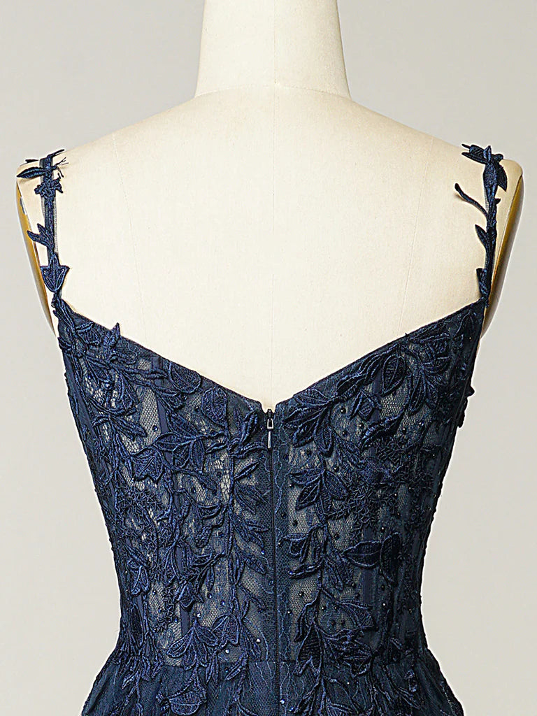 A Line Spaghetti Straps Navy Prom Dress with Appliques gh2104