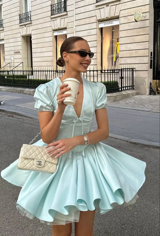 Girlhomeshops-Light blue fashionable V-neck A-line puff sleeve short satin homecoming dress birthday dress gh5289