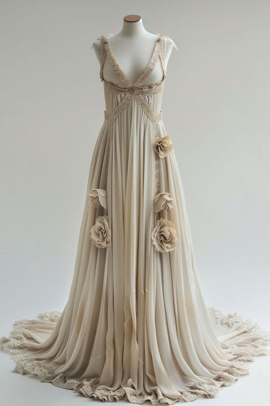 girlhomeshops-Hochzeitskleid Nude Spitze 3D Blumenmuster Ärmellos Bodenlanges Vintage-Kleid Gh6338