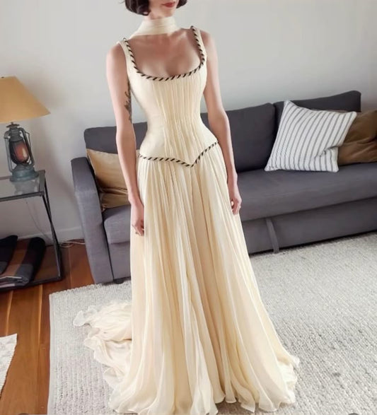 Ivory White Retro Elegant Square Round Neck Greek Goddess Long Tulle Floor-Length Train Ball Gown Evening Dress Party Dress gh3674