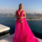 Pink V-neck contrast color long shoulder strap tulle long ball gown prom dress evening dress gh3067