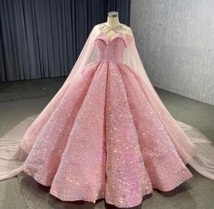 Wunderschönes, glänzendes Umhang-Cape aus Tüll mit Strasssteinen in Rosa, langes Ballkleid mit Pailletten, Abendkleid zum Erwachsenwerden, gh3162