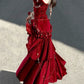 Burgundy Gorgeous Elegant Delicate Beaded Spaghetti Strap Long Ruffled Velvet Ball Gown Evening Gown Party Dress gh4170