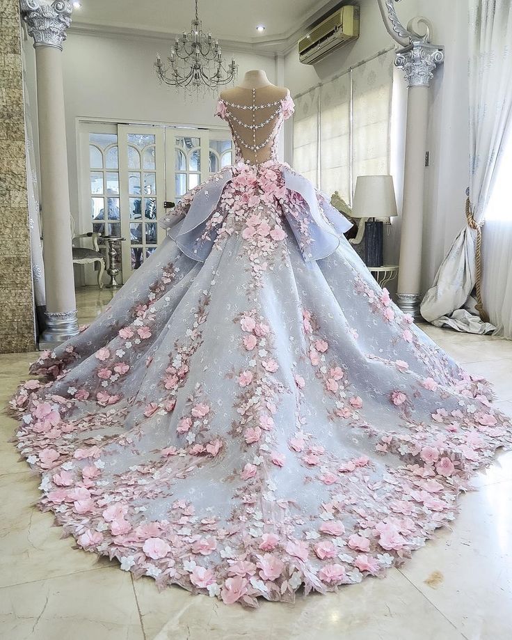 Robe de soirée longue en tulle rose magnifique et exquise avec appliques florales gh3327