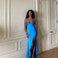 Blue simple elegant long slit satin spaghetti strap ball gown evening dress bridesmaid dress gh3049