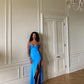 Blue simple elegant long slit satin spaghetti strap ball gown evening dress bridesmaid dress gh3049