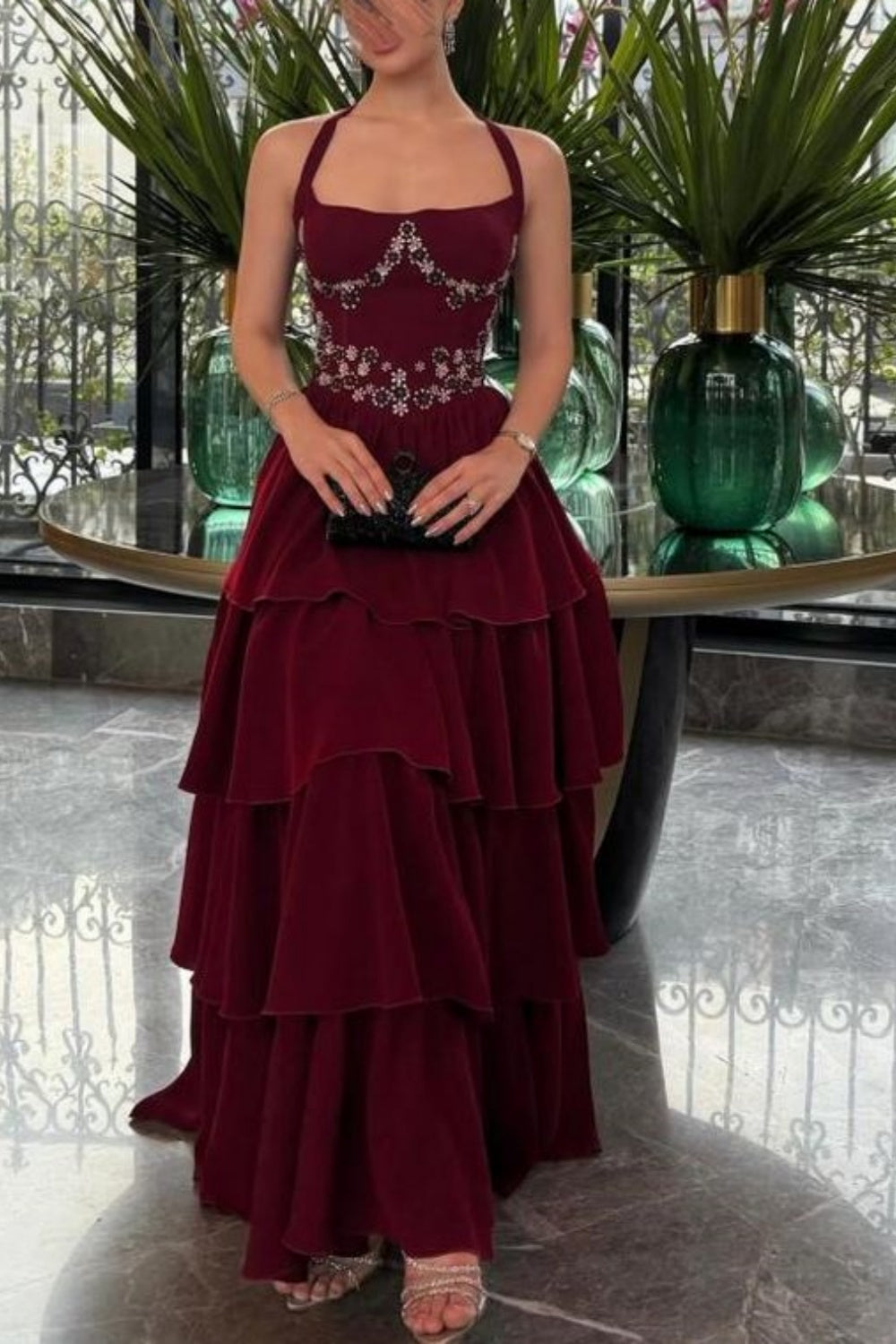 girlhomeshops-Burgundy Chiffon Long Dress With Delicate Beading gh6251