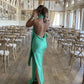 Green simple and elegant lace-up halter neck backless slit long slim satin banquet dress evening dress ball gown wedding guest dress gh3086